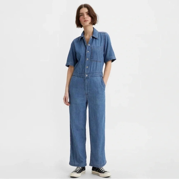NWT LEVIS HERITAGE DENIM JUMPSUIT snap up with drawstring waist size small - Picture 1 of 16
